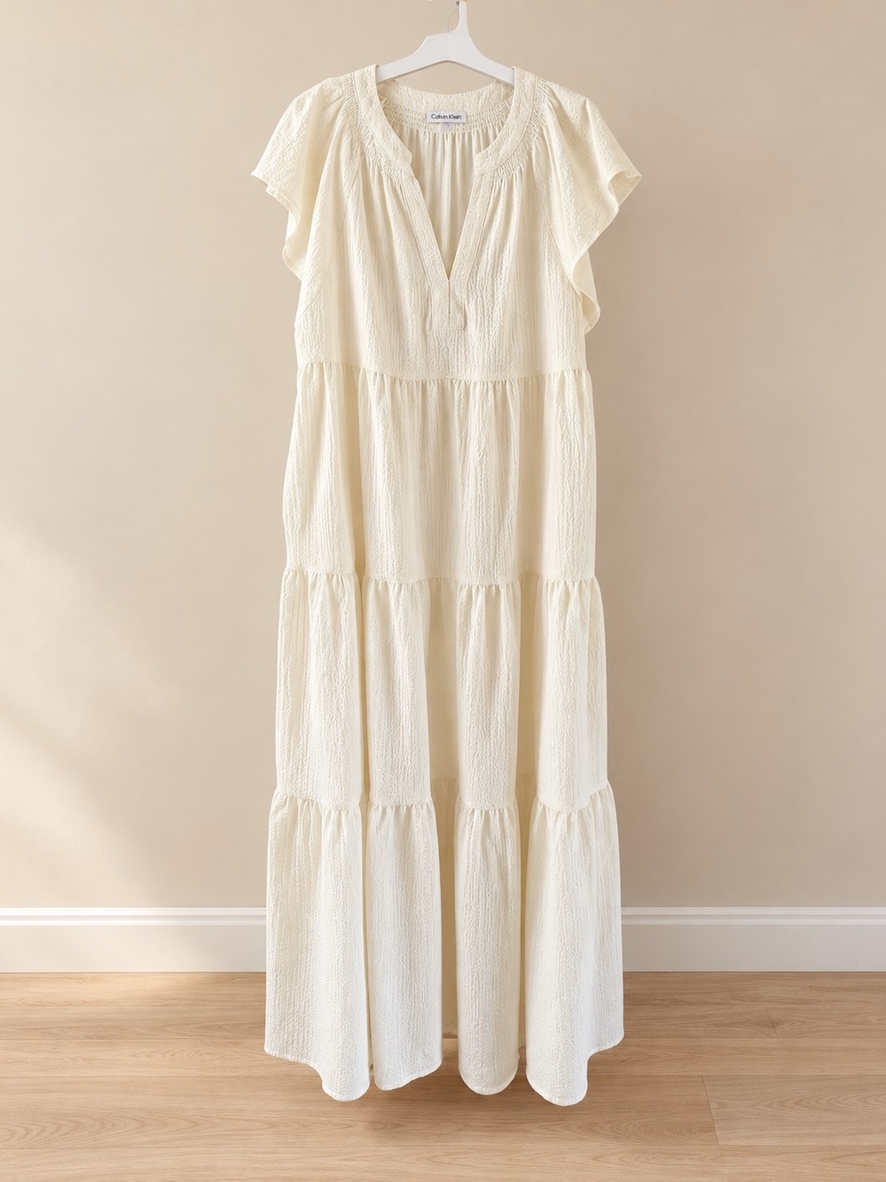 Calvin Klein Ivory Tiered Maxi Dress with Flutter Sleeves